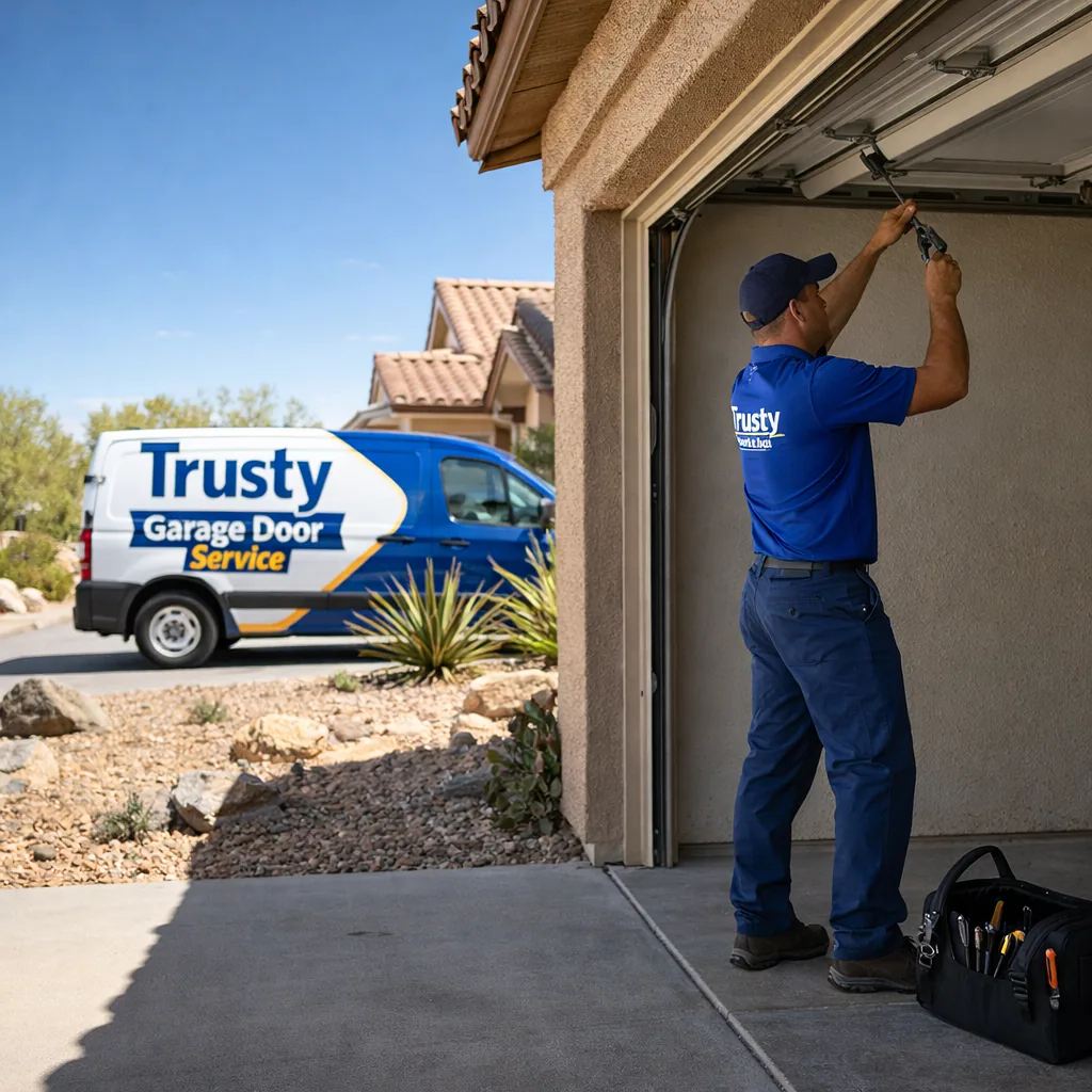 A uniformed Trusty Garage Door Service technician working on an open garage door at a stucco west-valley home, desert landscaping and a clear blue sky in the background, tool bag open on the driveway.