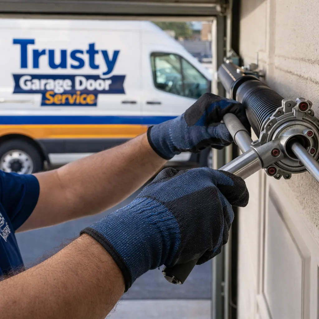 Close-up of a technician's gloved hands installing a new torsion spring on a garage door's header wall, the coiled spring and winding bar clearly visible, bright natural light.