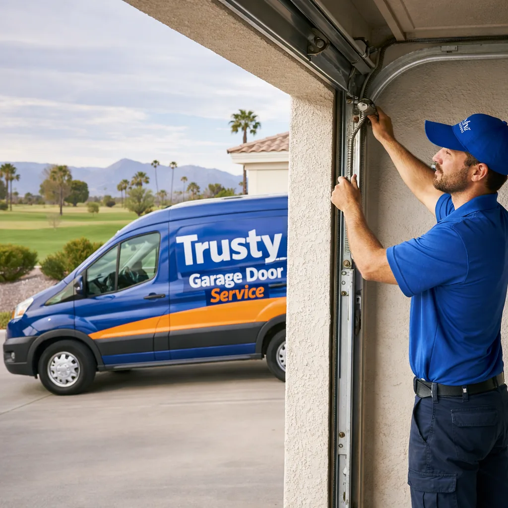 A uniformed Trusty Garage Door Service technician working on a single-story home's garage door in Sun City Summerlin, golf-course landscaping visible in the background, calm suburban afternoon light.