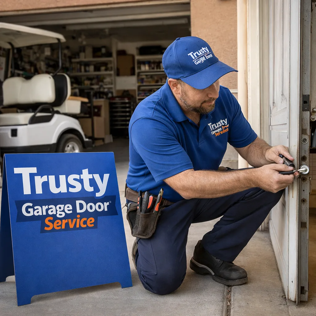 A technician kneeling to inspect worn garage door rollers on a single-story home, golf cart parked to the side inside the open garage, clean and organized interior visible.