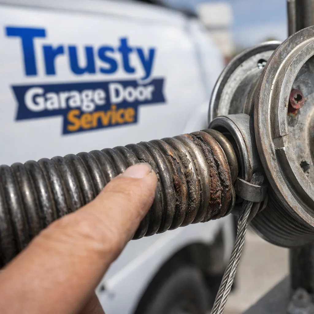 Close-up of an aged steel torsion spring and cable drum on an older garage door, showing surface wear, a technician's hand pointing to the affected section.