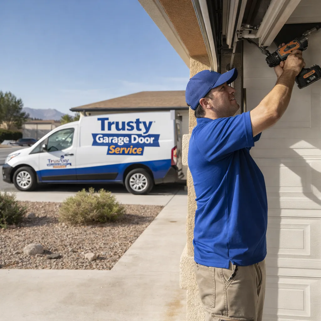 A uniformed Trusty Garage Door Service technician working on the garage door of a single-story ranch-style home in Sunrise Manor, service van parked at the curb, bright desert daylight.