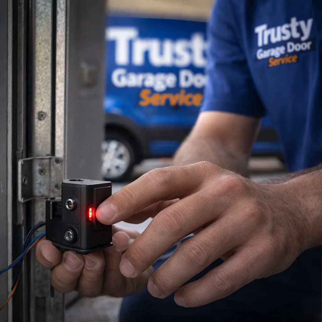 Close-up of a technician's hands testing a garage door safety sensor mounted near the floor of the track, cables and door visible in soft focus behind.