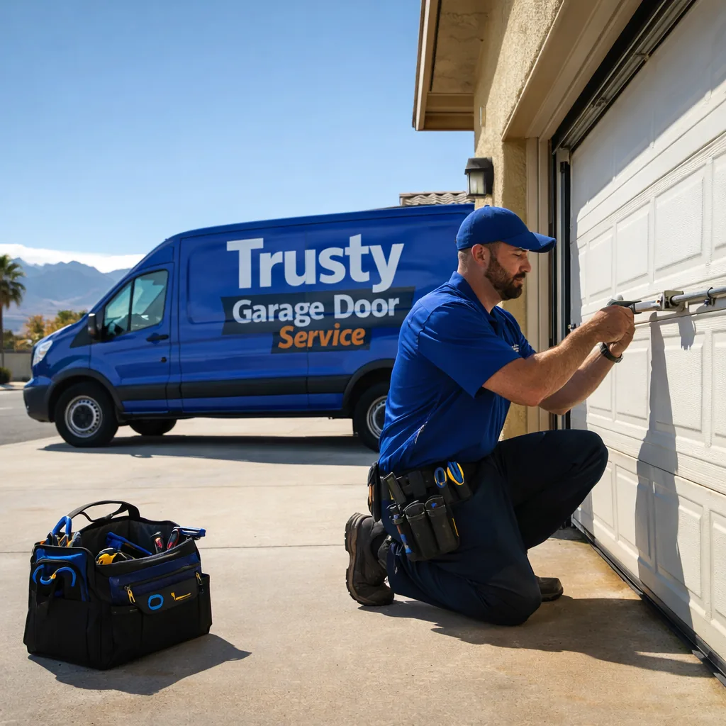 A uniformed Trusty Garage Door Service technician working on a single-family home's garage door in Whitney, NV, tool bag open on the driveway, clear daytime desert light.