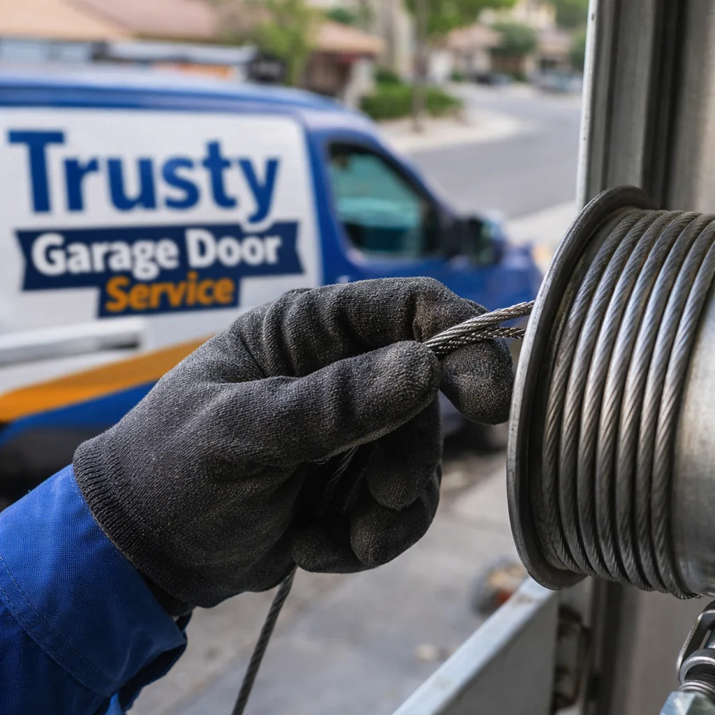 Close-up of a technician's hand inspecting a garage door cable and drum assembly for fraying, driveway and residential street visible in the blurred background.