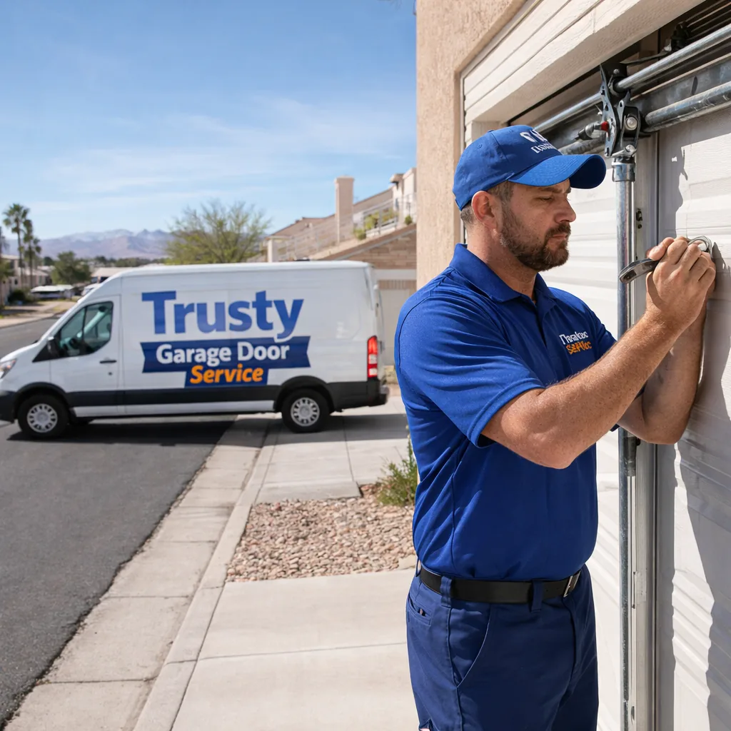 A uniformed Trusty Garage Door Service technician working on a residential garage door in Winchester, NV, service van parked on a quiet residential street, bright daytime light.