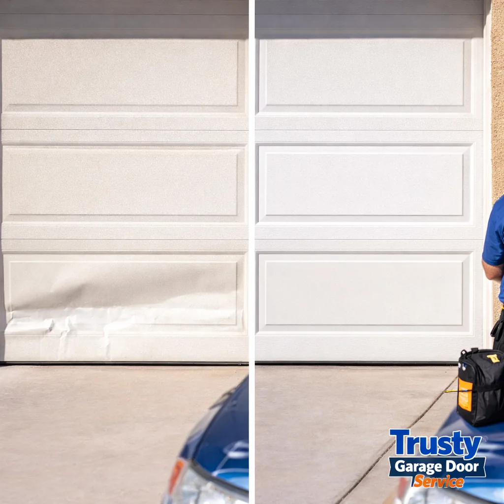 Before and after of a garage door with one badly dented and sun-faded bottom panel: left shows the damaged section, right shows the same door with a new matching panel installed and the door fully balanced.