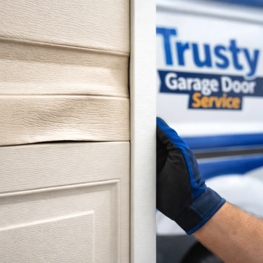 Close-up of a warped and sun-faded garage door panel section next to a new matching replacement panel, showing the visible color and texture difference.
