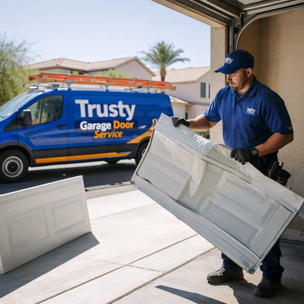 A uniformed Trusty Garage Door Service technician removing a dented steel garage door panel section from its track in a residential driveway, replacement panel leaning nearby, bright Las Vegas daylight.
