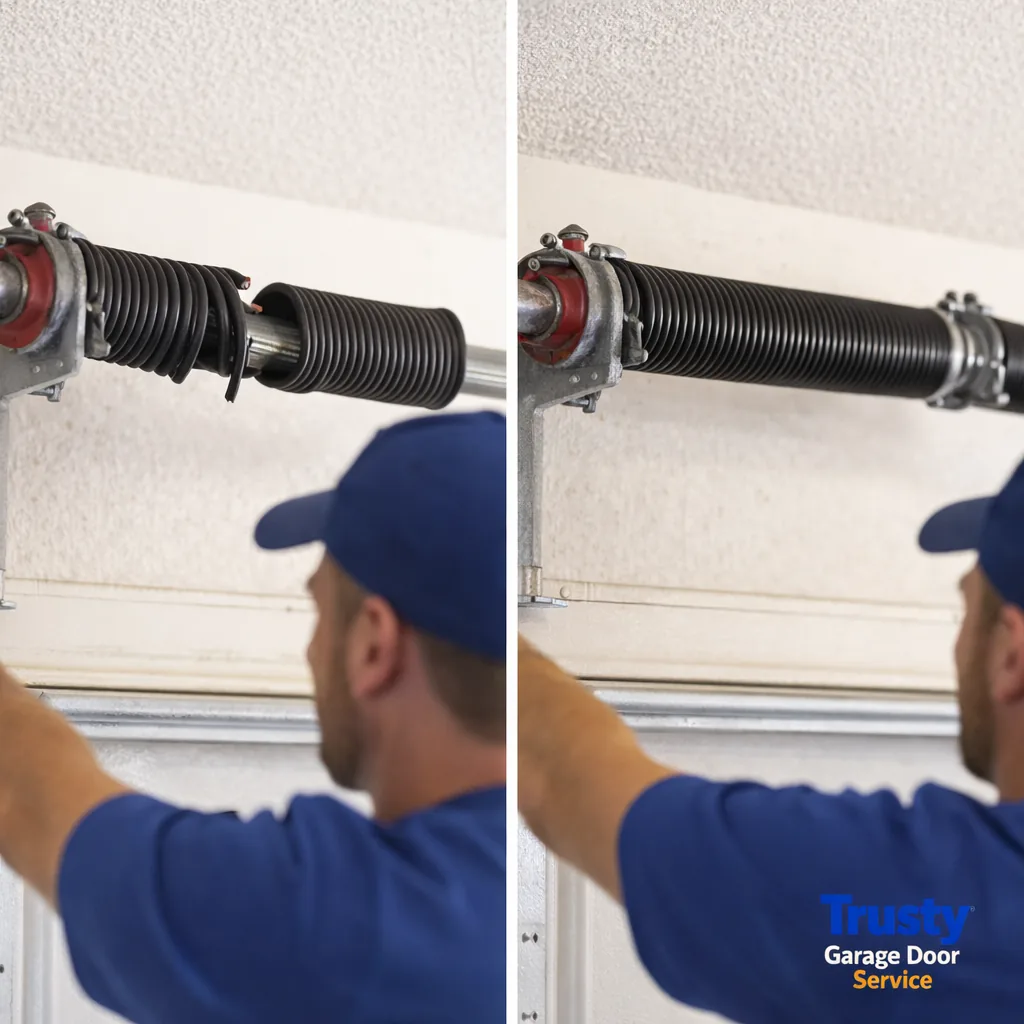 Before and after of a garage door torsion bar: left shows a visibly gapped, broken spring coil, right shows a matched pair of new springs properly wound and mounted.