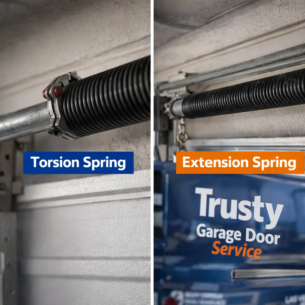 Close-up comparison of a torsion spring mounted on a bar above a garage door opening next to an extension spring mounted along the upper track, labeled visually by proximity.