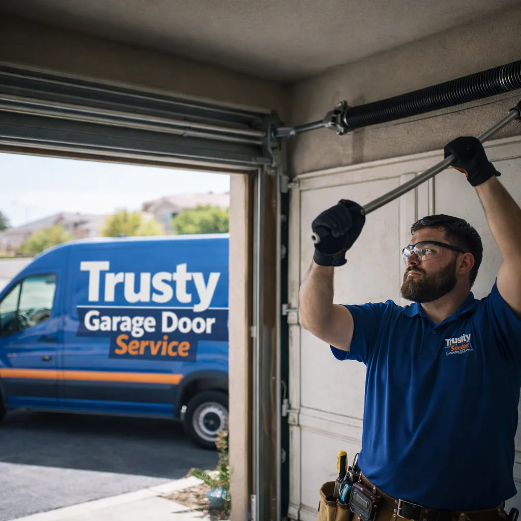 A uniformed Trusty Garage Door Service technician using a winding bar to tension a new torsion spring mounted above a residential garage door opening, safety glasses on, tool belt visible.